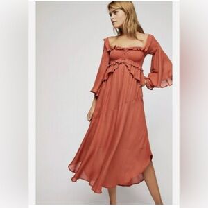 Spell. Elegant Rust Dress with Flared Sleeves. Size S.